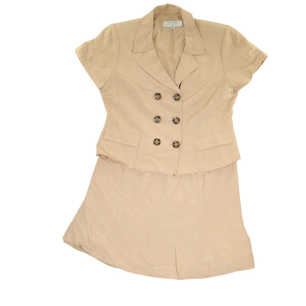 Tahari Skirt Suit Double Breasted Short Sleeve Tan Linen Rayon Women 14P *Read